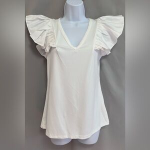 Philosophy‎ Women's Ruffle Sleeve V-Neck Mixed Media Knit Top Sz Medium NWT